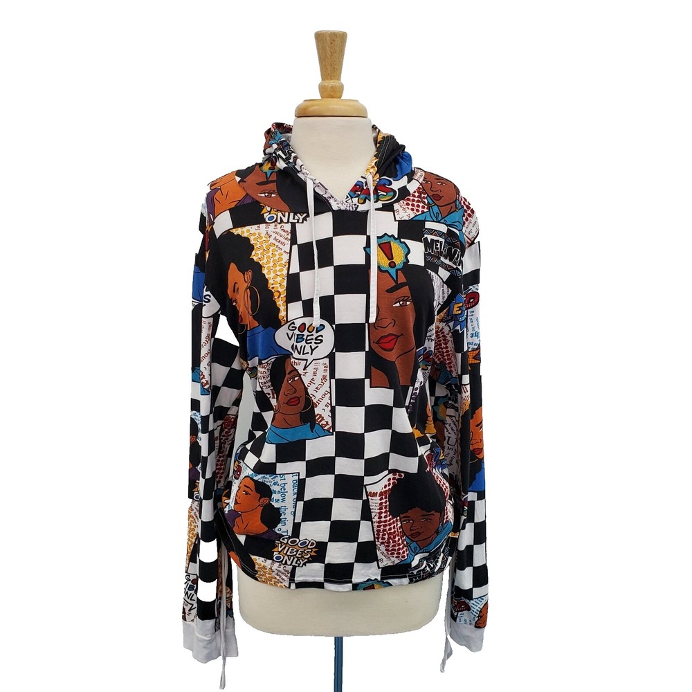 On‎ Fire Womens Checkered Graphic Hoodie Melanin Queen Plus Size 2X Long Sleeve